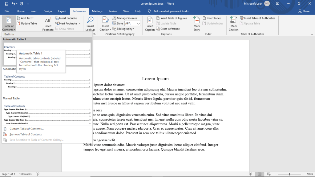 adding a table of contents in microsoft word