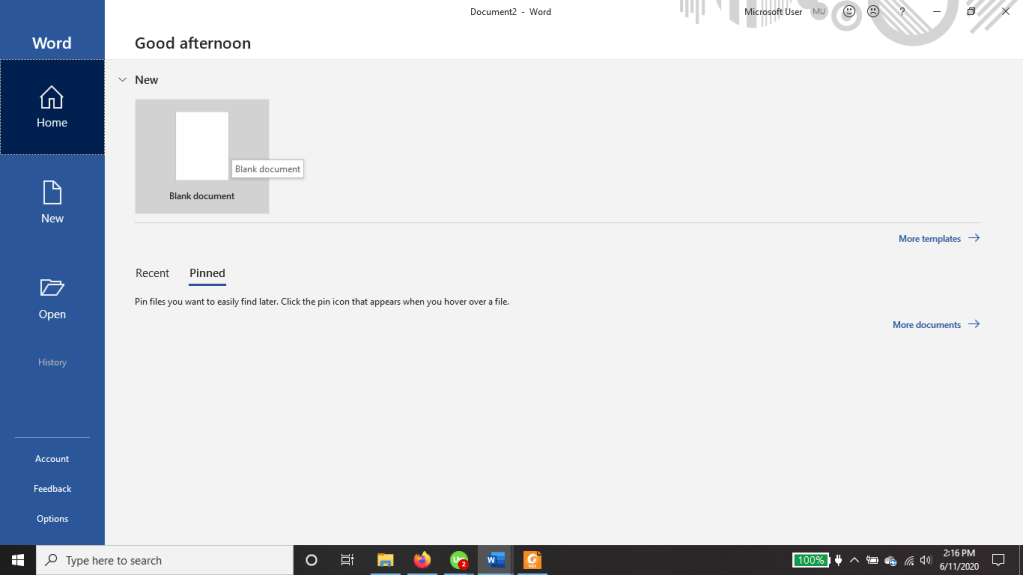 opening a blank document in microsoft word