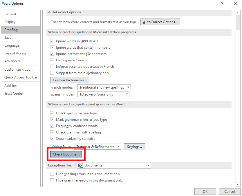 microsoft word proofing options - check document