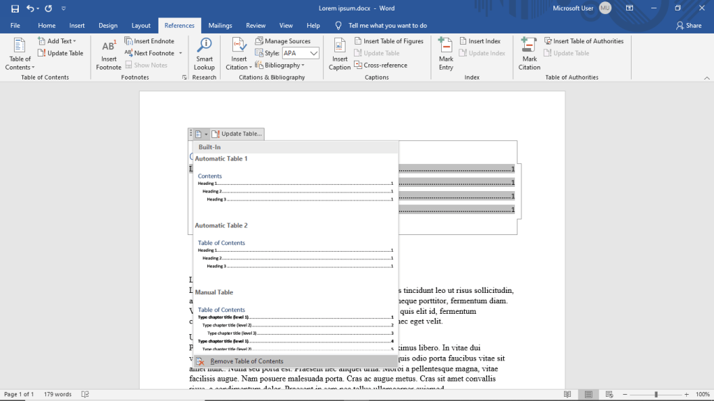 deleting a table of contents in microsoft word