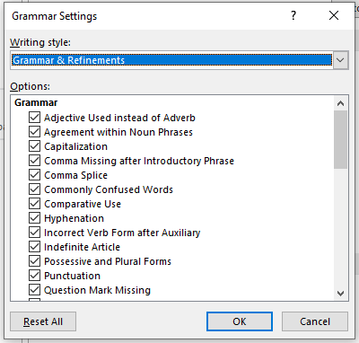 microsoft word grammar and refinements settings