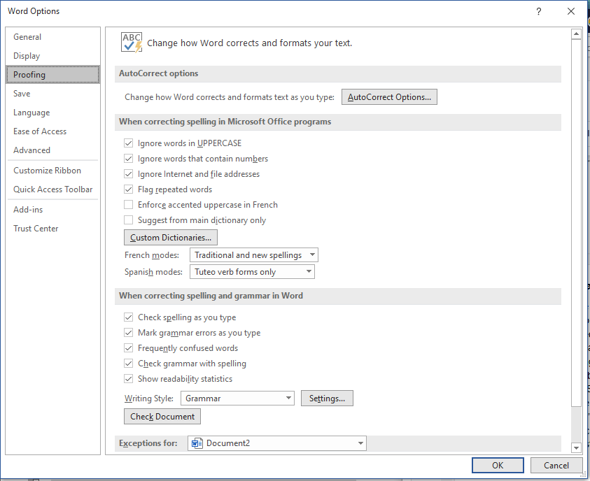 microsoft word proofing options