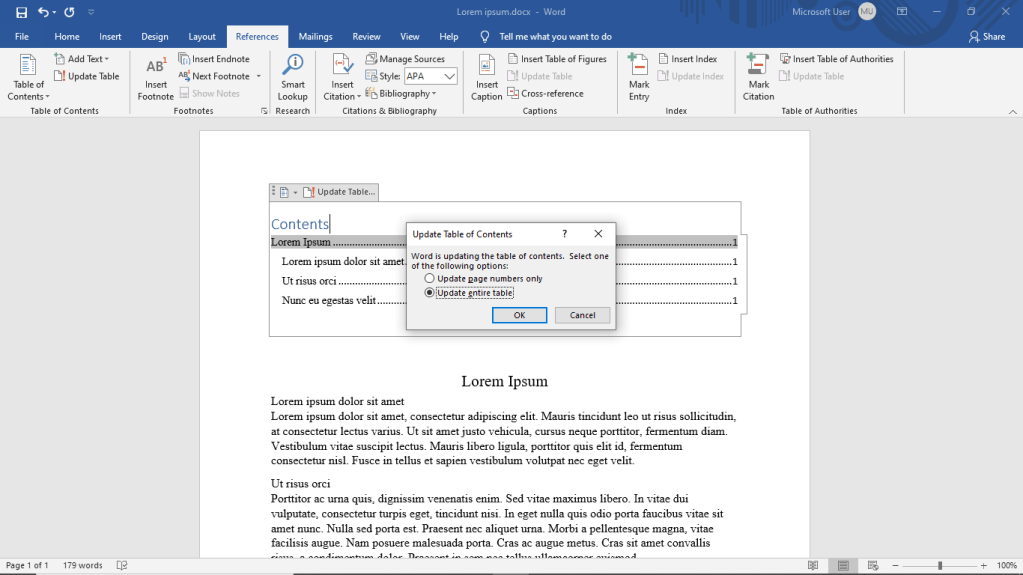 updating a table of contents in microsoft word
