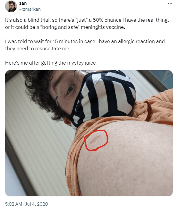 screenshot of a tweet from a covid vaccine clinical trial participant talking about the blinding of the study in which 50% get the real covid vaccine and 50% get a placebo