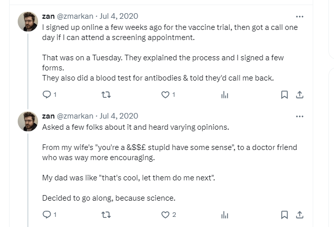 screenshot of part of a tweet thread of a person describing their thought process for enrolling in a covid-19 vaccine clinical trial