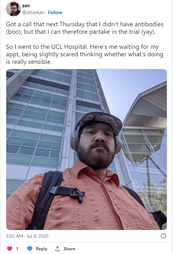 screenshot of a tweet by a covid vaccine clinical trial participant talking about the experience of participating in the trial