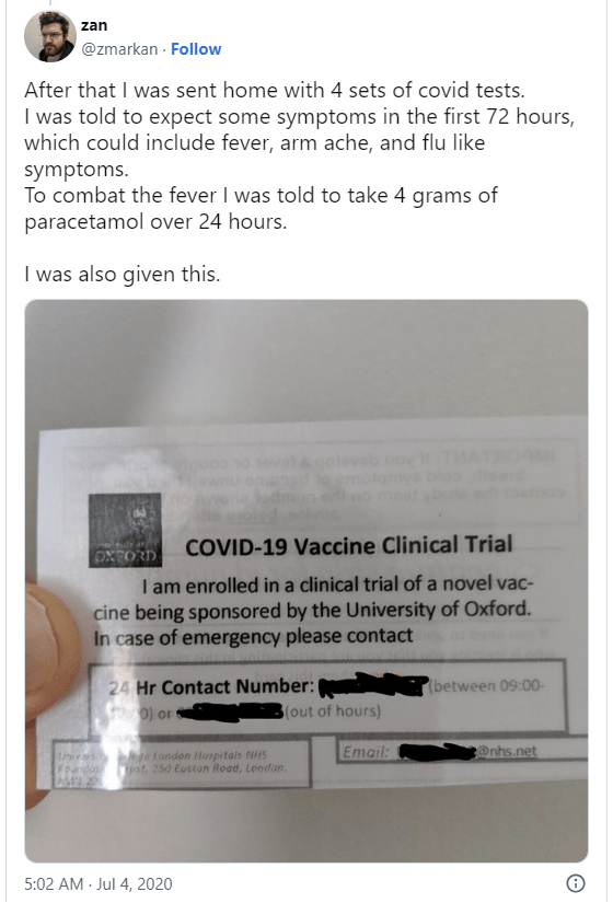 screenshot of a tweet from a covid vaccine clinical trials participant describing the post-vaccine procedures involved