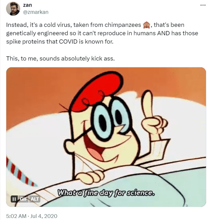 screenshot of a tweet from a covid-19 vaccine clinical trials participant about the science behind covid vaccines, which he described as "kick ass"