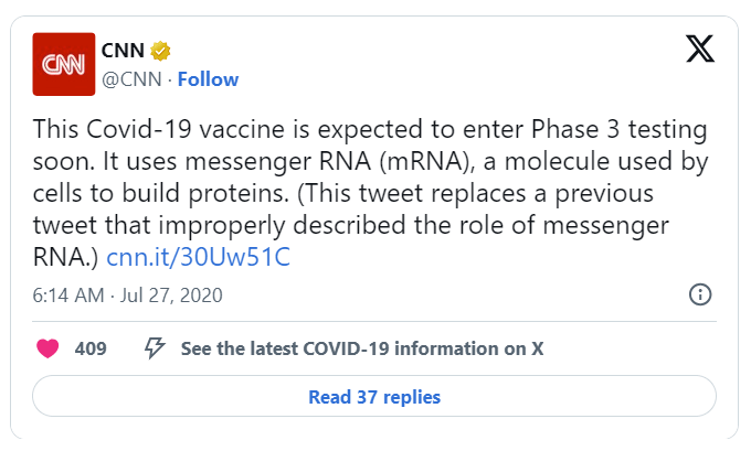screenshot of a tweet issuing a correction about a scientific fact from CNN