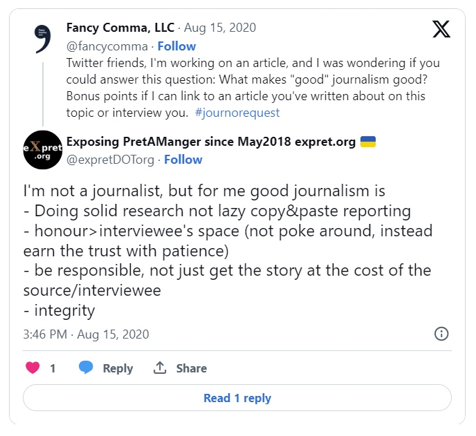 screenshot of a tweet about what makes good journalism