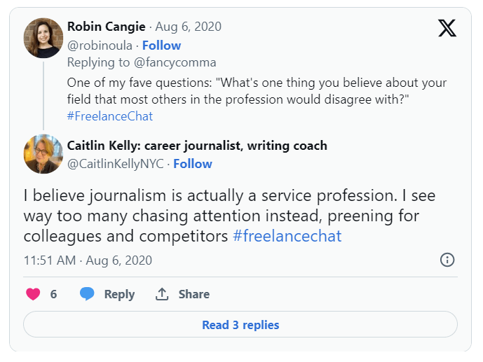 screenshot of a tweet from journalist caitlin kelly at #freelancechat