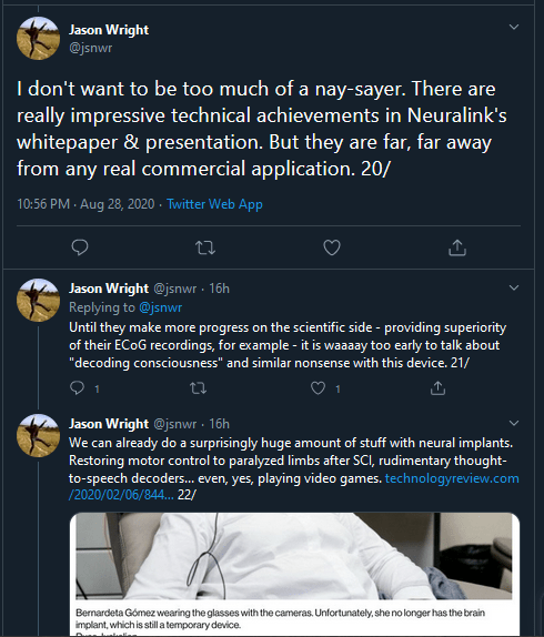 tweet saying that limitations of neuralink make it far from commercialization