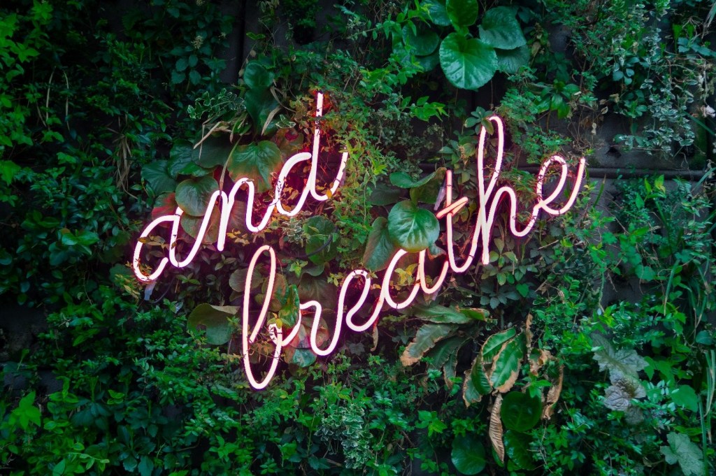 neon sign that says "and breathe"