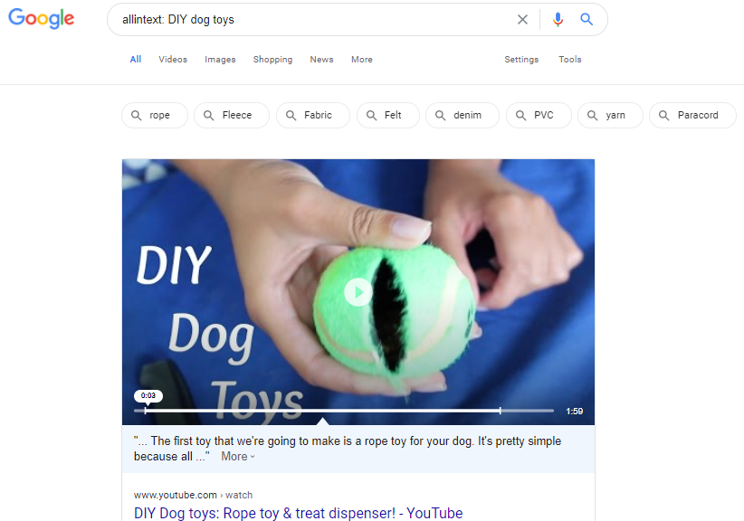 screenshot of using the "allintext:" operator in Google Search