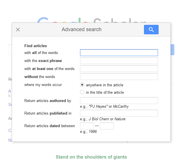 screenshot of advanced search options in google scholar