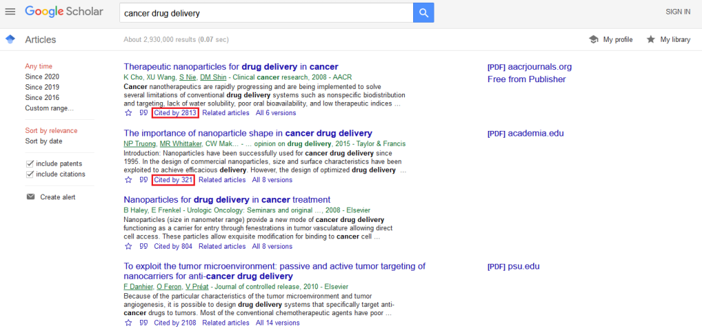 screenshot showing where you can find the number of citations for a given entry in google scholar search results