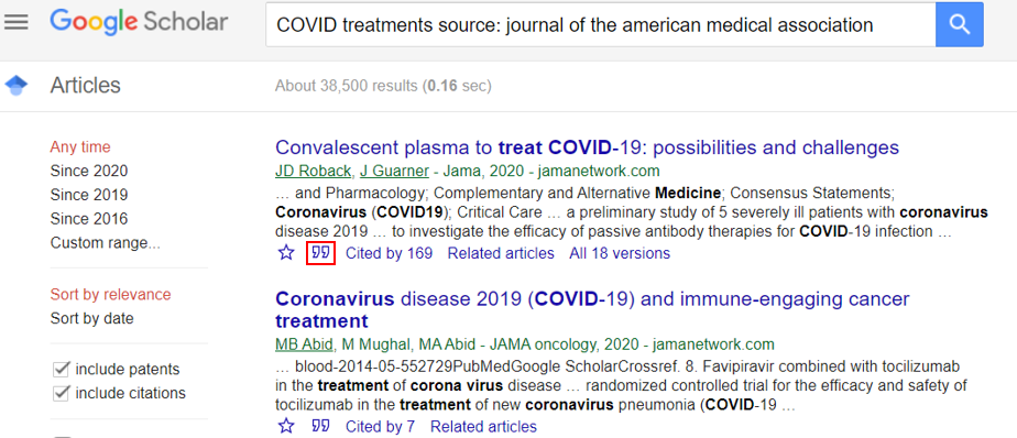 screenshot highlighting the quotation icon, used for generating a list of citations in google scholar