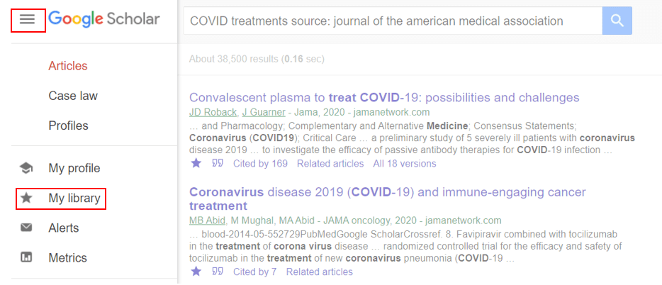 screenshot showing how to access 'my library' in google scholar