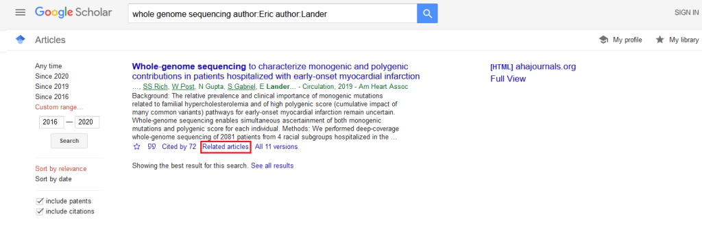 screenshot indicating where to find the 'related articles' section under a citation in google scholar