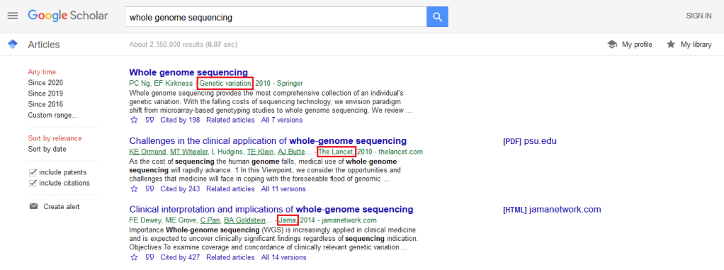 screenshot of google scholar results page indicating where you can find publication names in search results