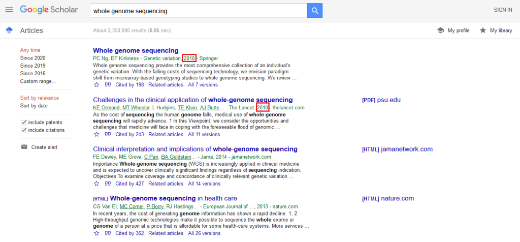 screenshot of google scholar results page indicating where you can find the publication year for a given entry in search results