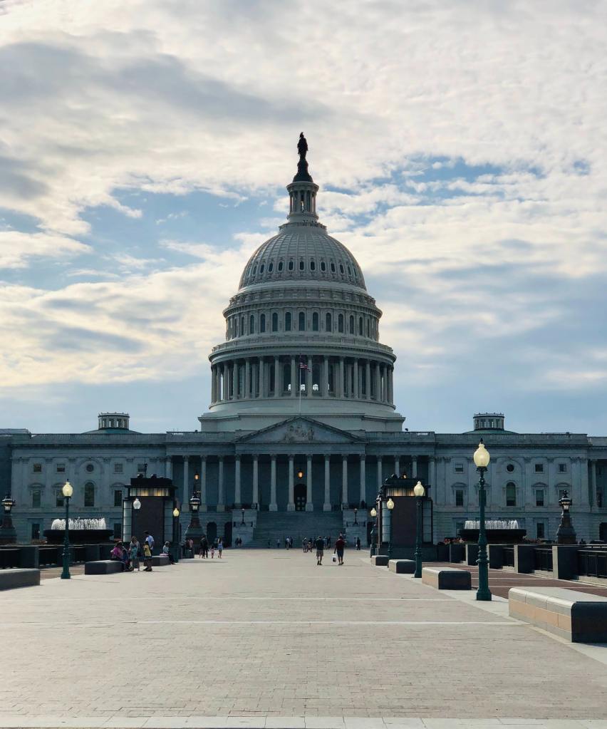 photo of visitors walking on a walkway in front of the u.s. capitol building