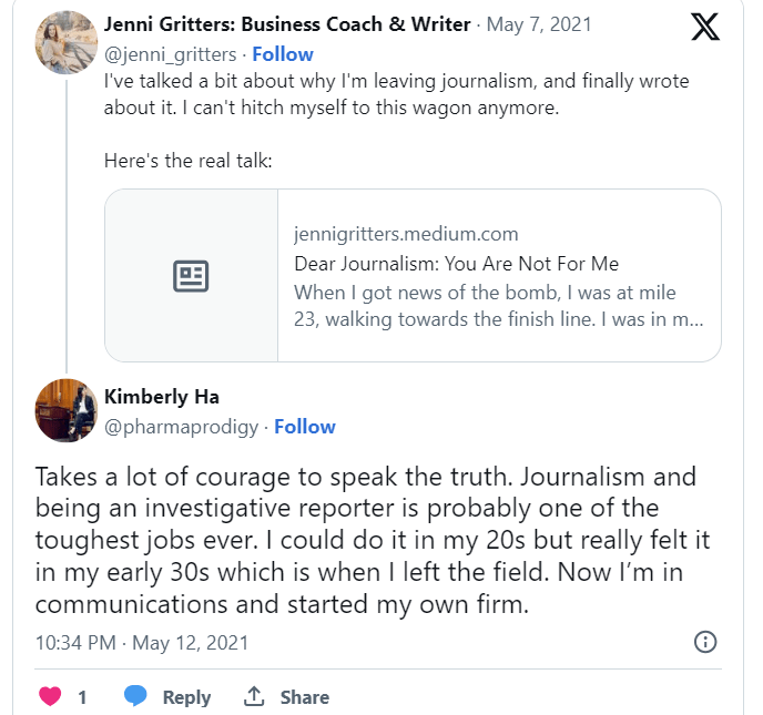 screenshot of a tweet about jenni gritters' essay about leaving journalism and a reply from a reader who could relate to the article.
