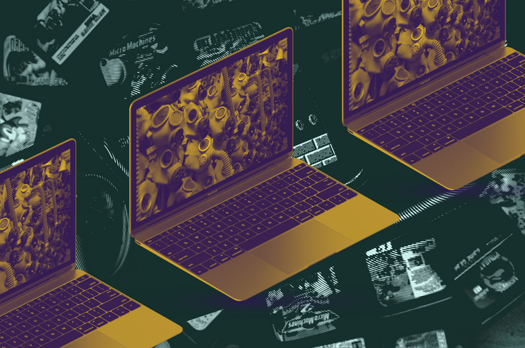 art from the xylom - laptops superimposed on a background of video games