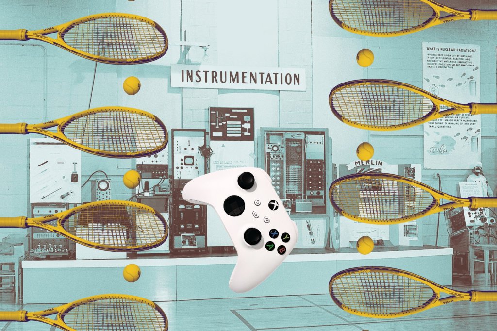picture of tennis racquets and balls and a video game controller superimposed on a background of 1950s-looking computers