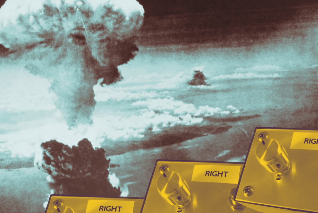 artistic depiction of a nuclear weapon such as those used in world war II