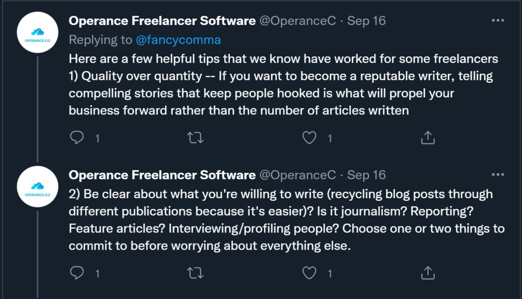 screenshot of tweet from operance freelance software
