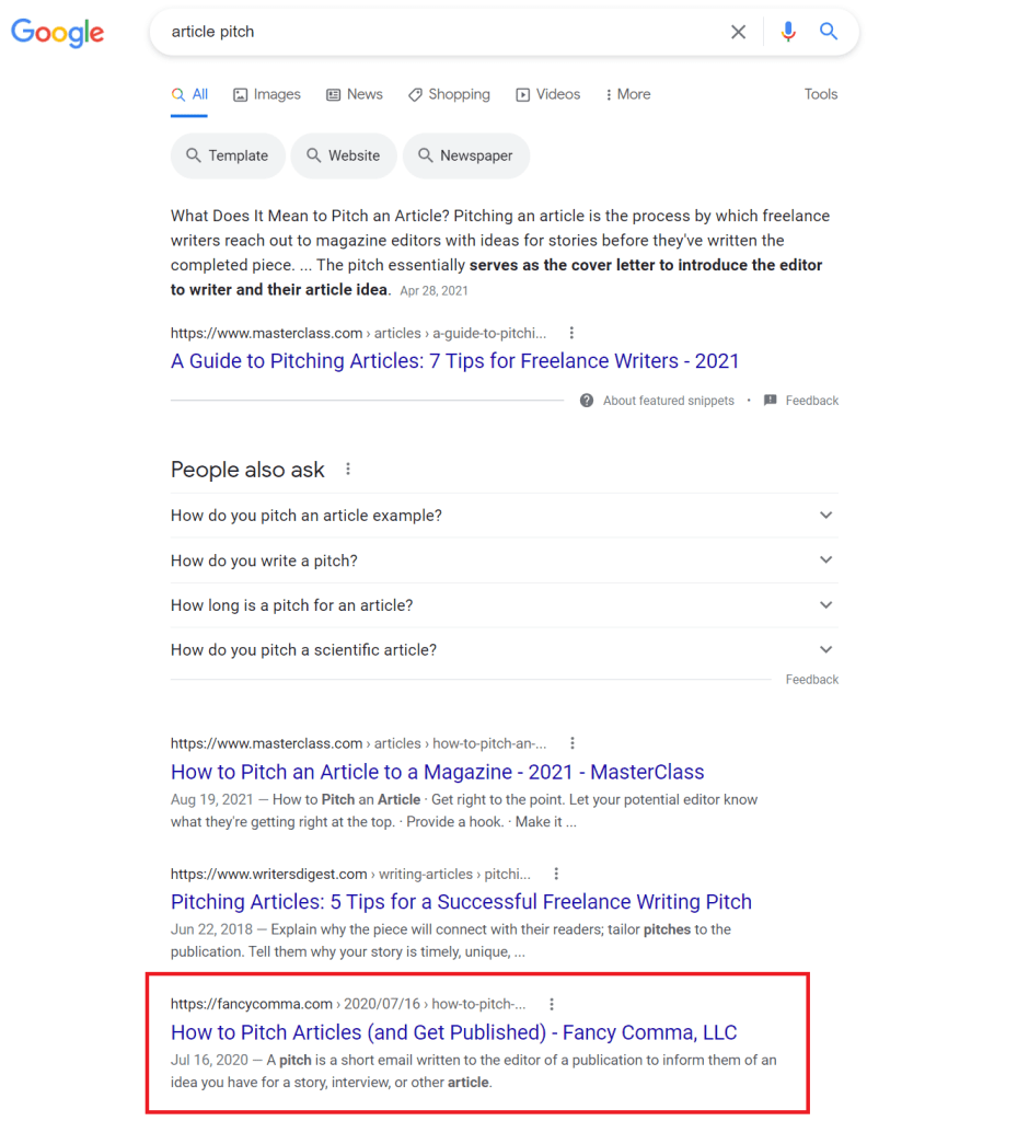 screenshot of google search results page for "article pitch"