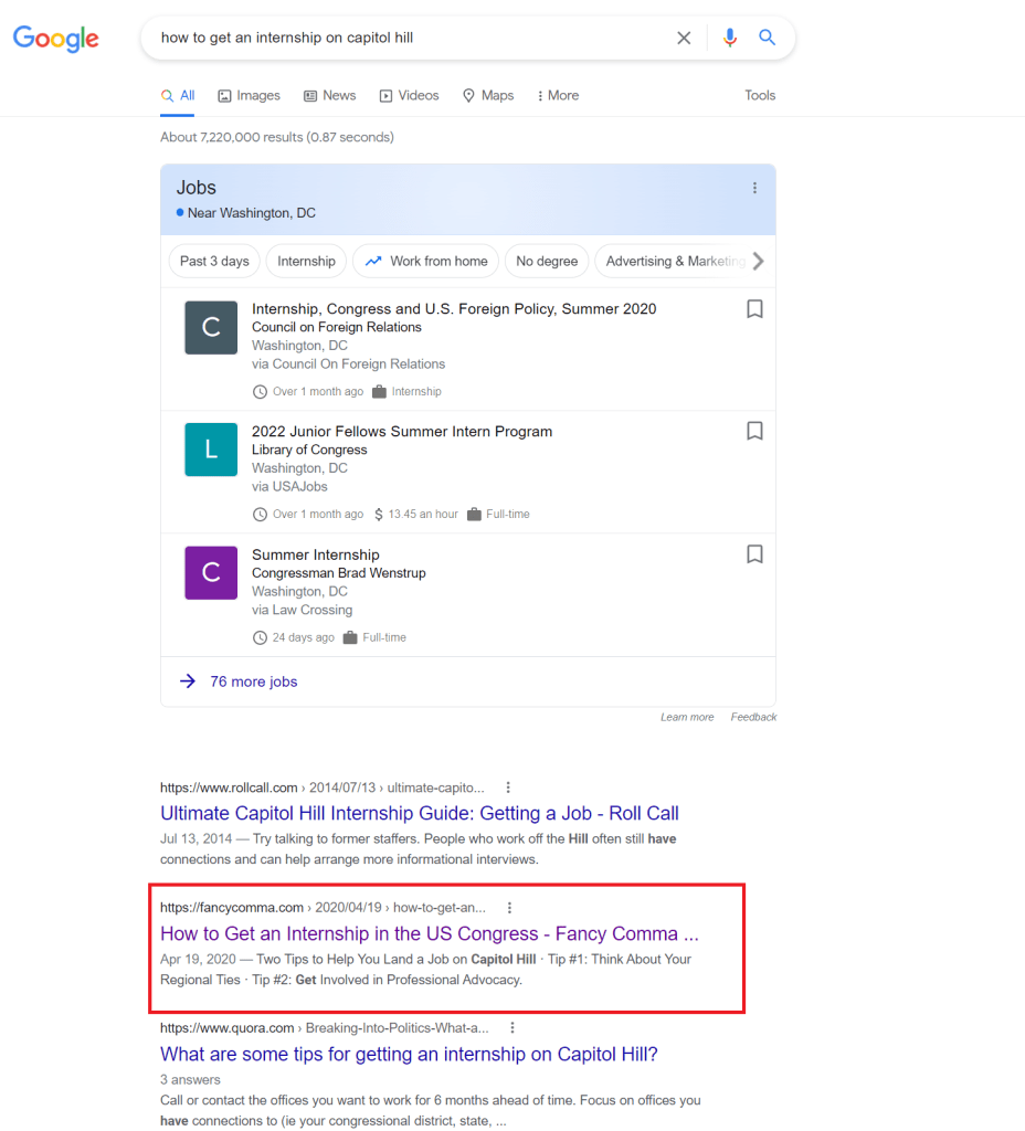 screenshot of google search results page for "how to get an internship on capitol hill"