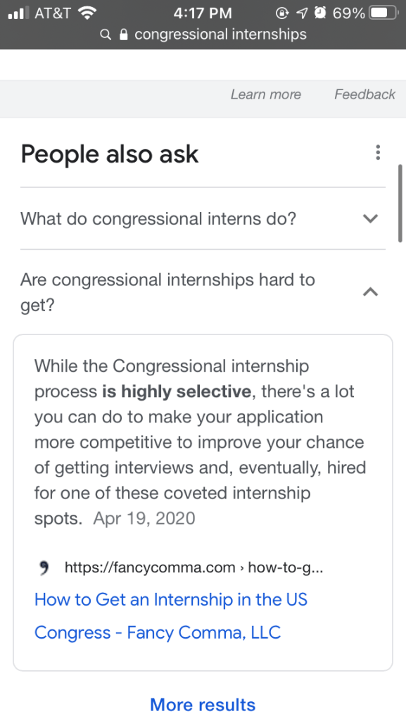 screenshot of mobile Google search for "congressional internships"