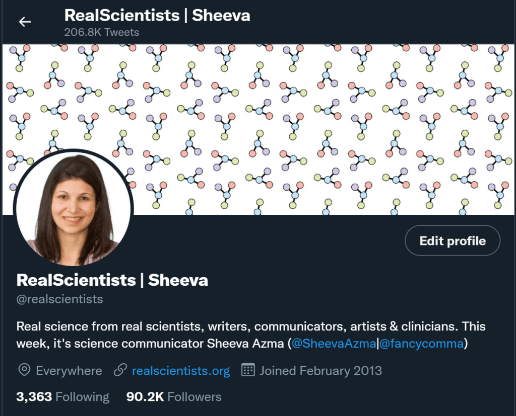 screenshot of the realscientists twitter the week sheeva hosted it in november 2021