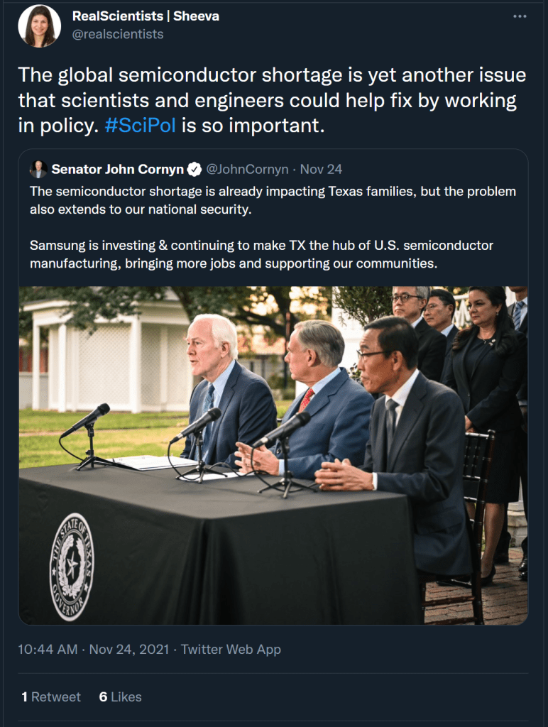 screenshot of a tweet discussing the role of science in driving sound policies