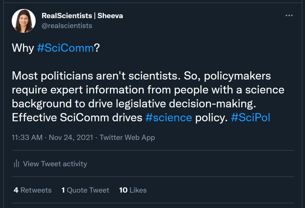 screenshot of a tweet from the realscientists twitter discussing the importance of science communication in policy