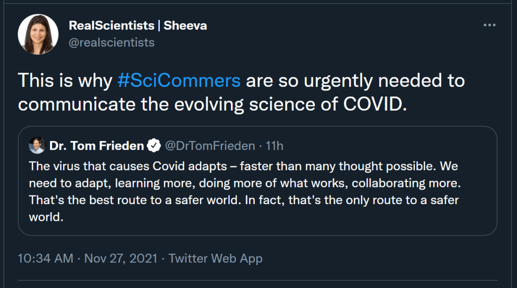 screenshot of a quote tweet from @realscientists discussing the importance of science communication in a pandemic