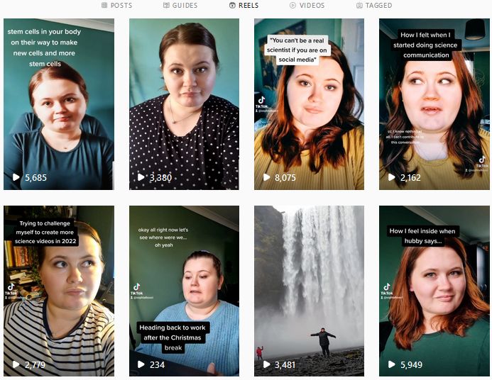 screenshot of @SophTalksSci's reels on Instagram