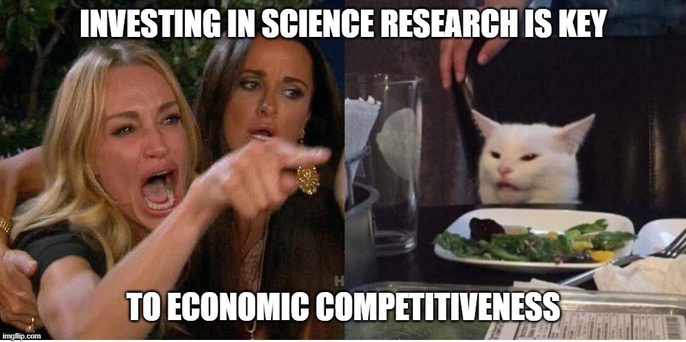 photo of a woman yelling at a cat in front of a salad, with the caption text: "investing in science research is key to economic competitiveness"