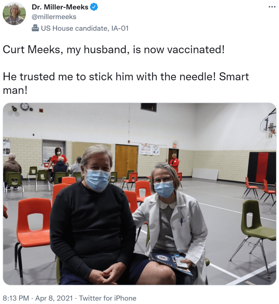 screenshot of a tweet from us house rep mariannette miller meeks giving her husband the covid-19 vaccine