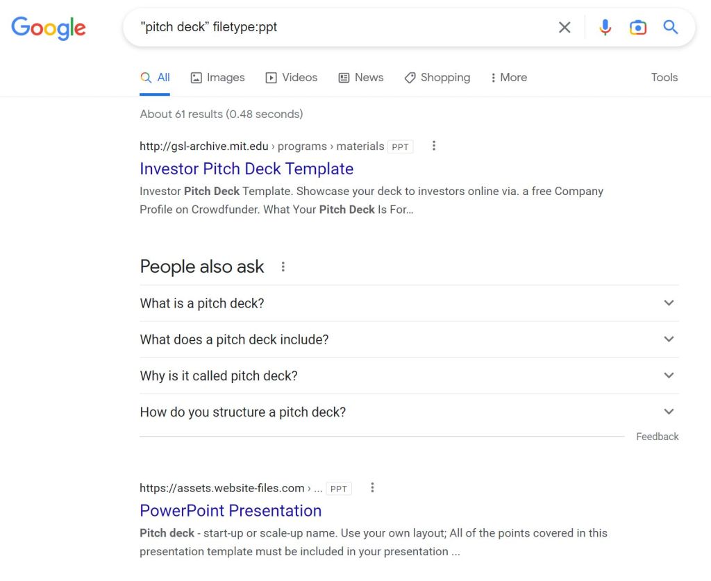 screenshot of google search for a given file type