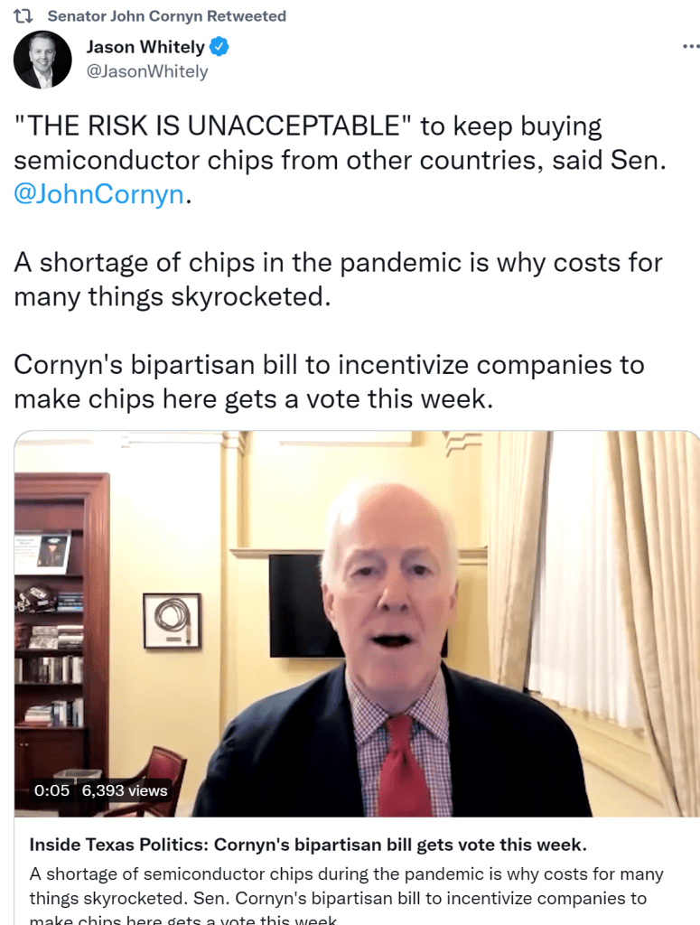 screenshot of a tweet retweeted by us senator john cornyn of texas