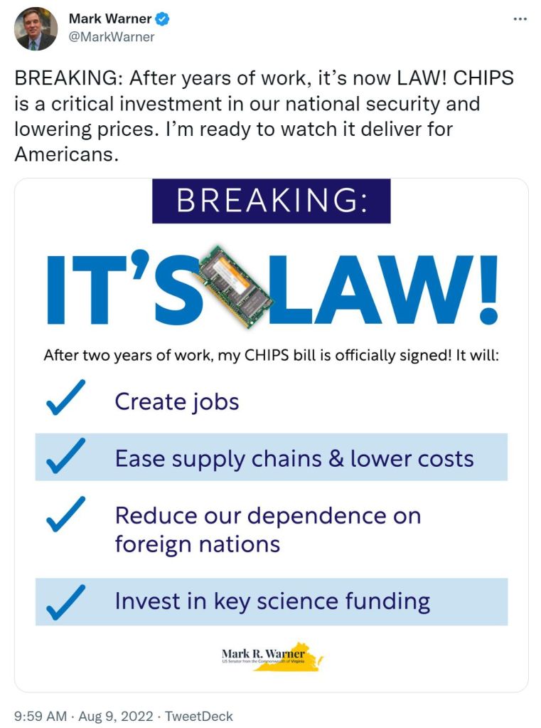 screenshot of a tweet by senator mark warner about the CHIPS and Science Act becoming law