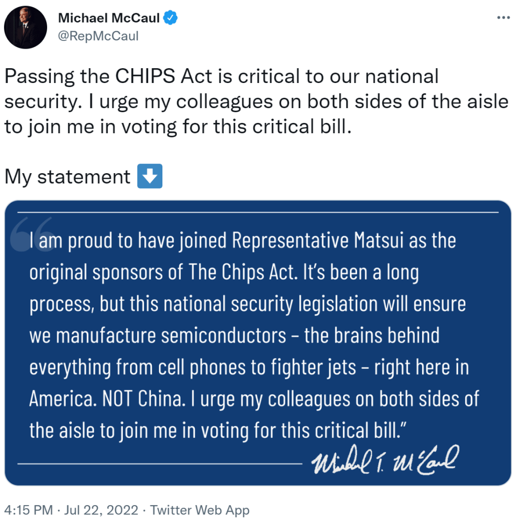 screenshot of michael mccaul's tweet about CHIPS act and US innovation