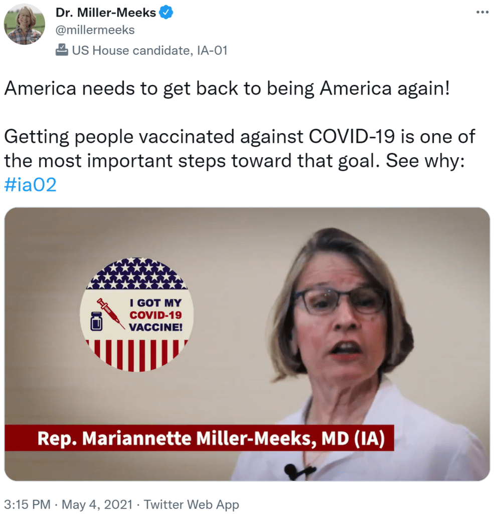 screenshot of a tweet by us house member mariannette miller-meeks reminding her constituents to get their covid vaccine