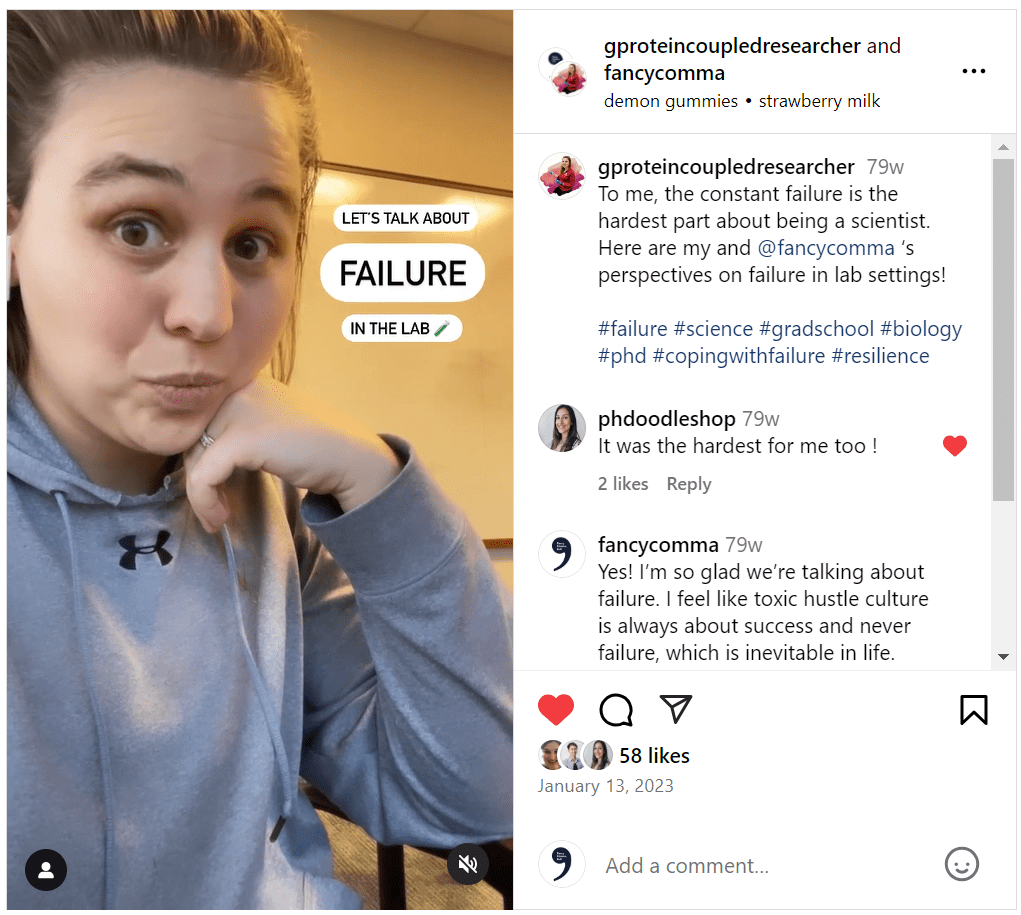 screenshot of a collaborative instagram reel about failure in science featuring chandler of @gproteincoupledresearcher and sheeva of @fancycomma
