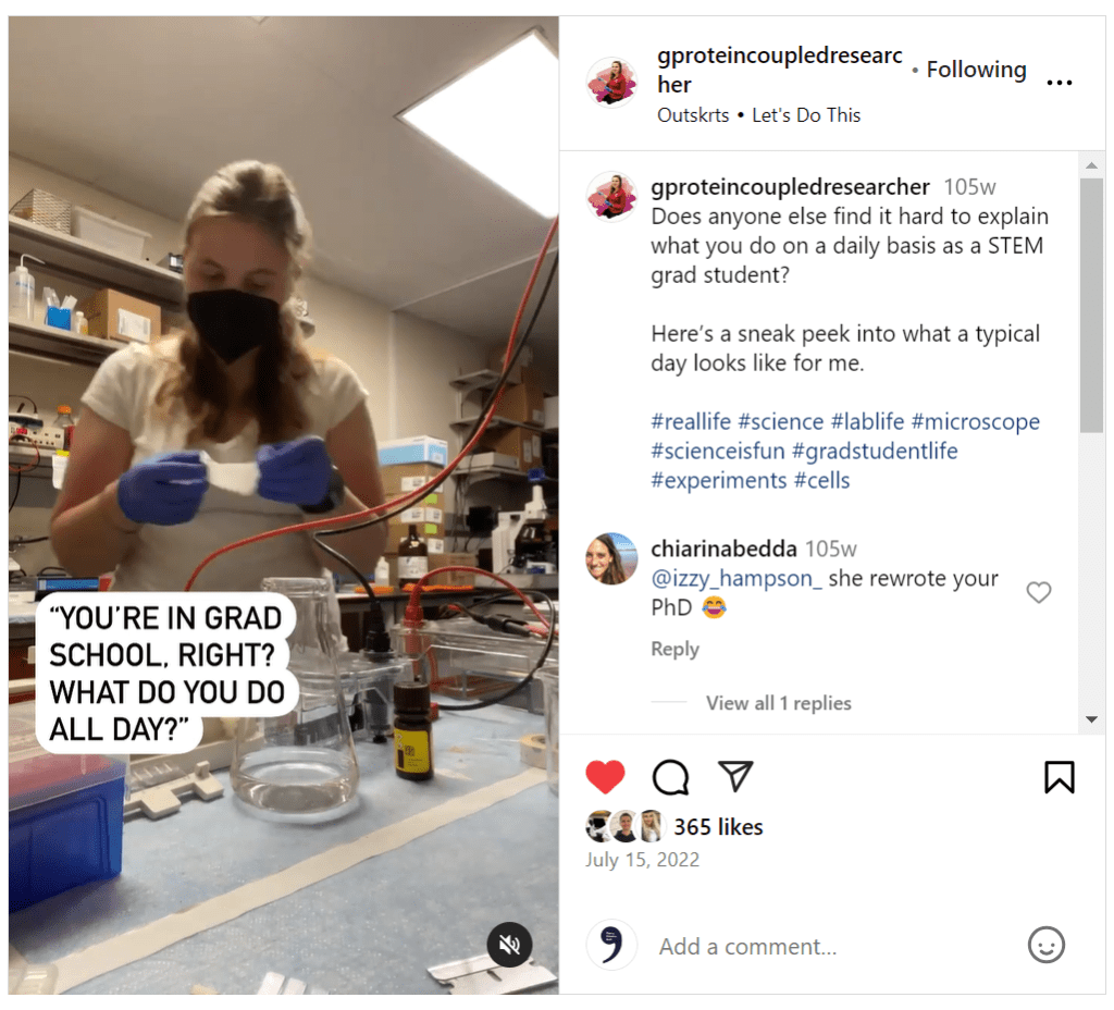 a screenshot of one of @gproteincoupledresearcher's instagram posts about grad school life