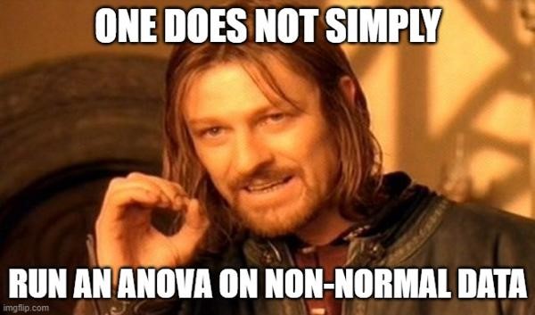 image of a meme about anovas using the guy from lord of the rings captioned "one does not simply run an anova on non-normal data"