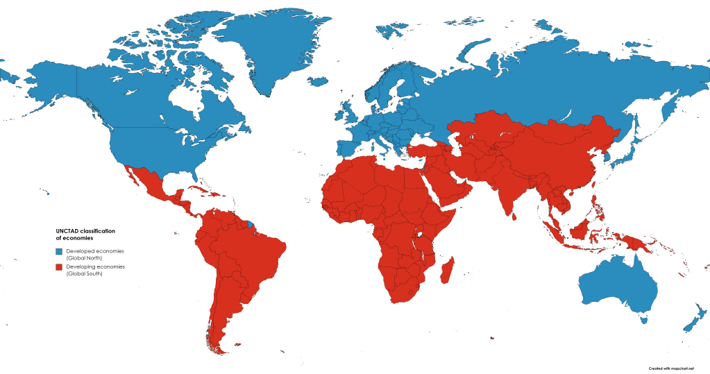 image showing global north vs. global south economies. global north nations are in blue, while global south nations are in red